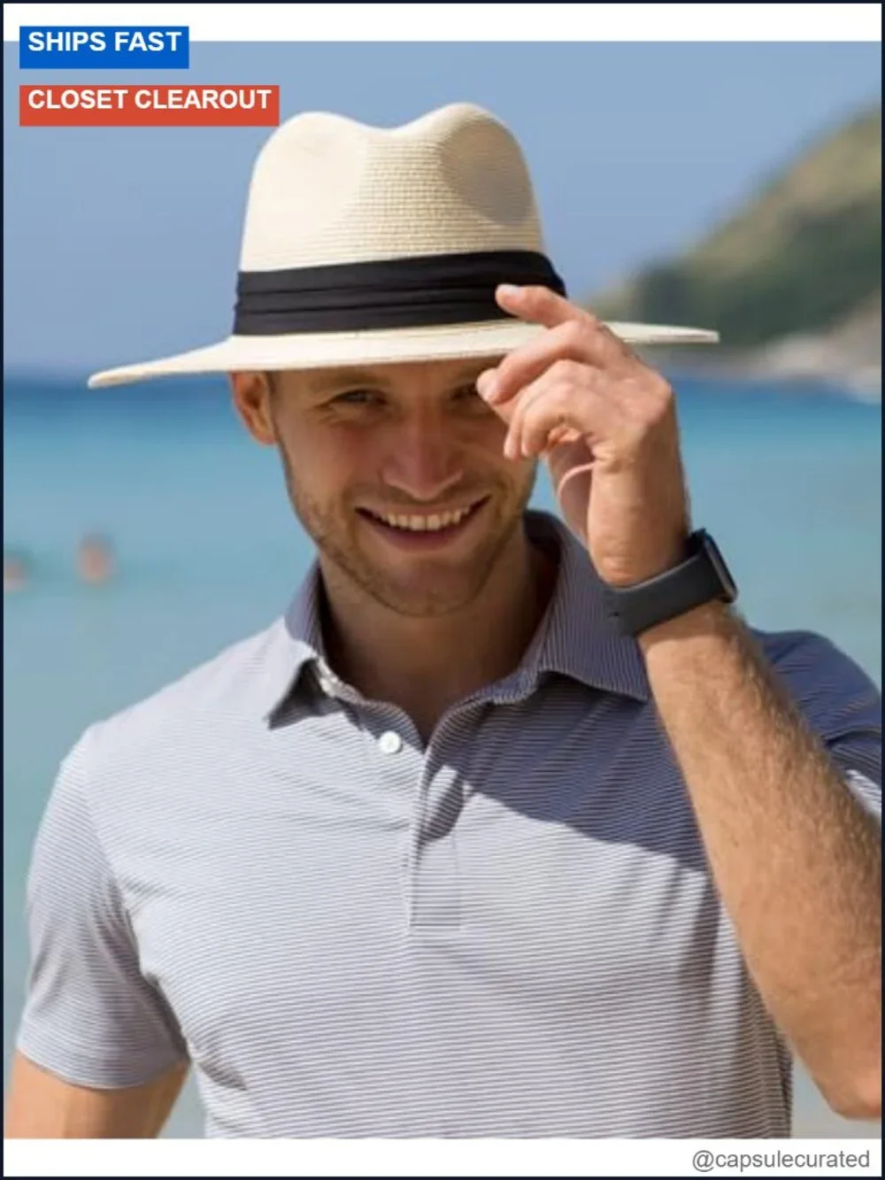 Wide Brim Straw Fedora Sun Hat - Foldable & Packable with Chin Strap